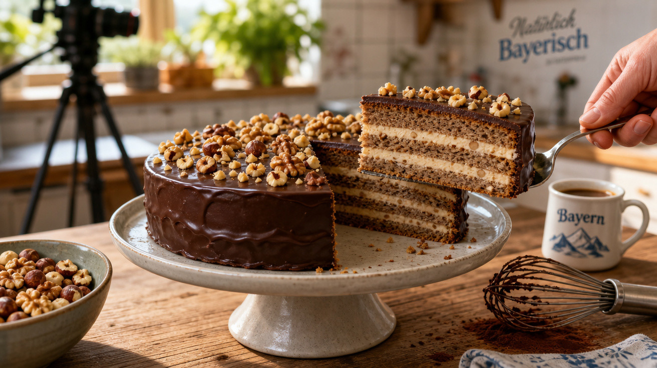 Bolo de chocolate com camadas, coberto por nozes e avelãs, servido numa base branca numa mesa de madeira.