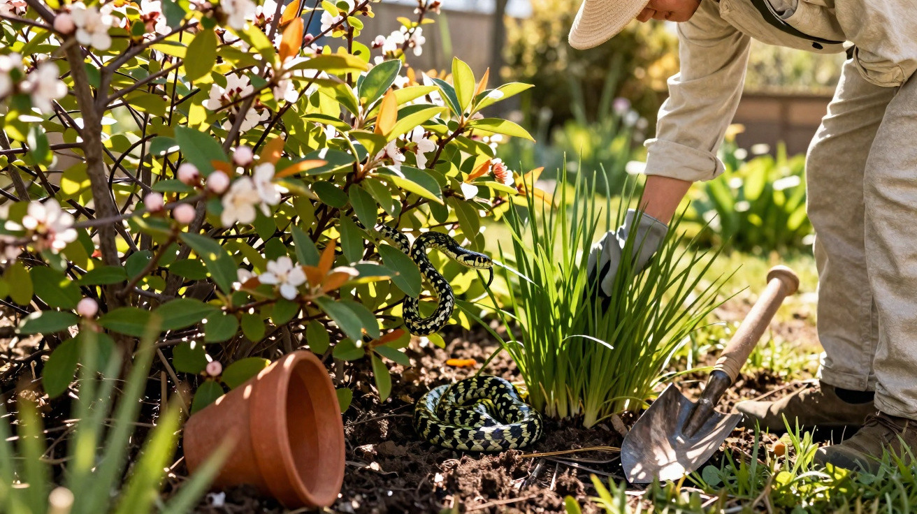 Pessoa com chapéu e luvas a cuidar de plantas num jardim com cobra preta e amarela a rastejar no solo.