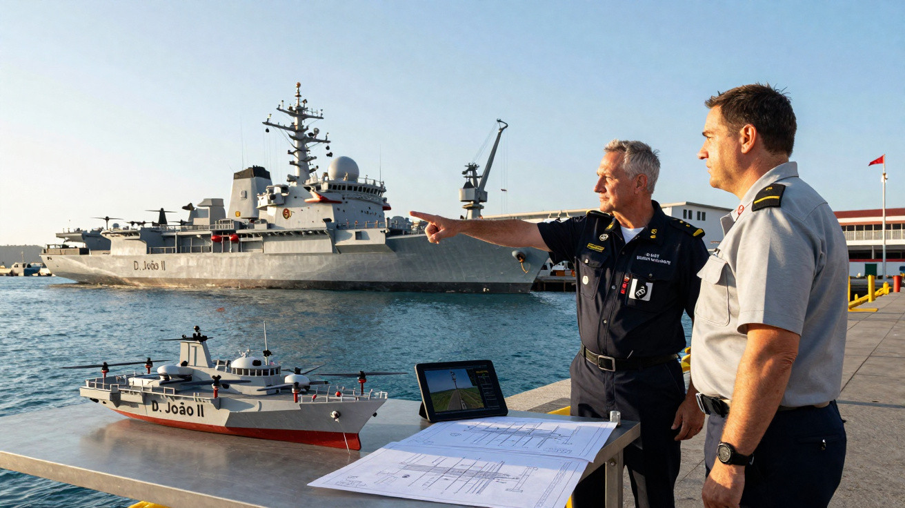 Dois oficiais navais junto a uma maqueta do navio D. João II no cais com o navio real ao fundo.