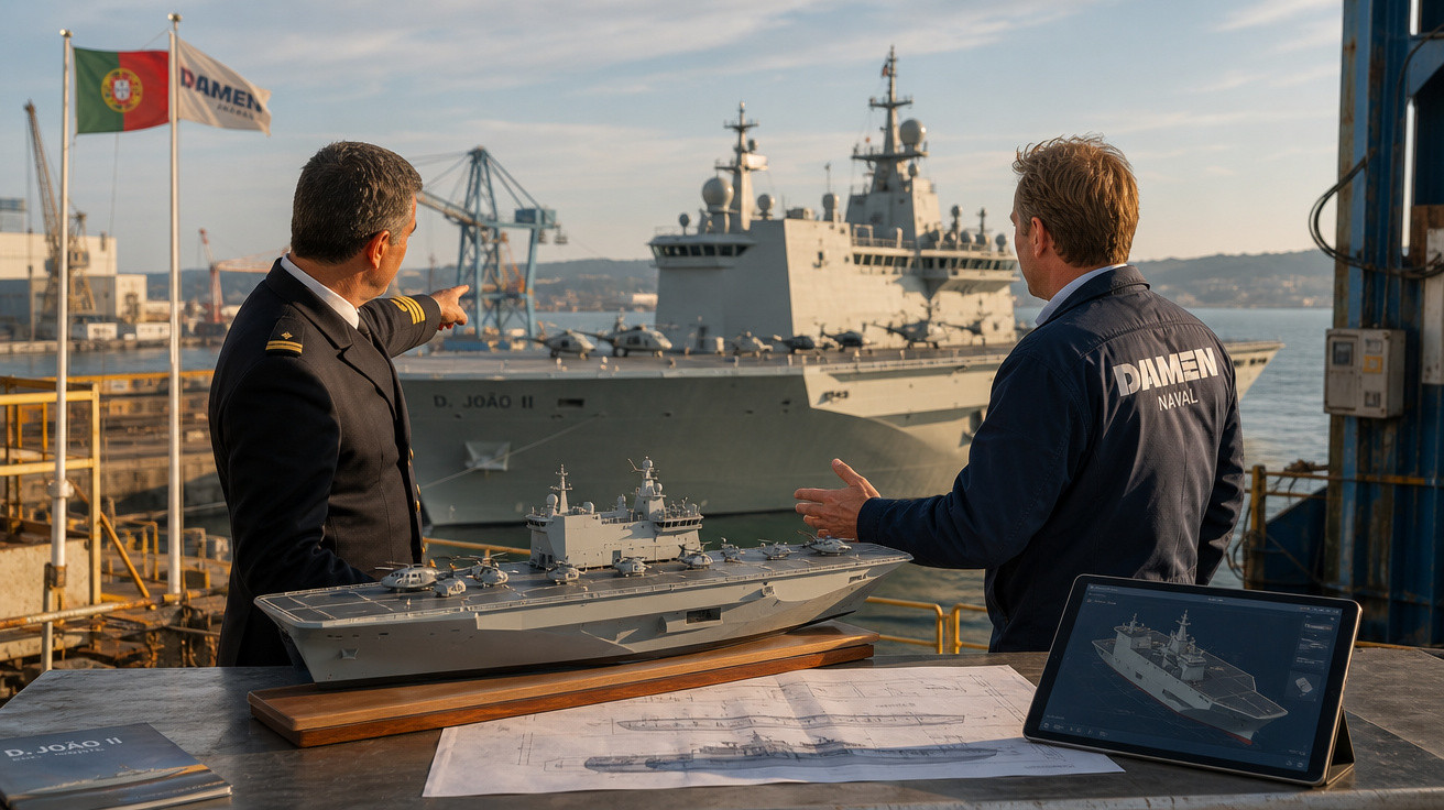 Dois homens apontam para o navio D. João II em doca, com maquete e desenho técnico na mesa.