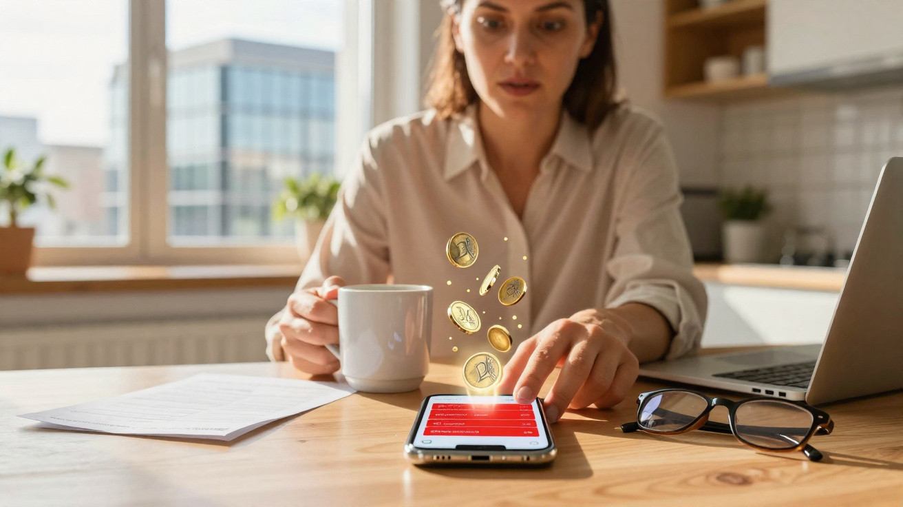 Mulher em ambiente doméstico usa telemóvel para operações financeiras com moedas digitais a flutuar na tela.