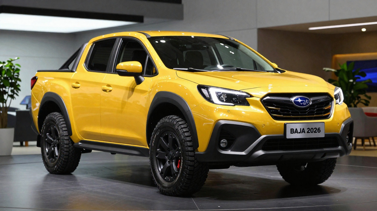 Picape Subaru Baja 2026 amarela exibida em ambiente interior moderno.