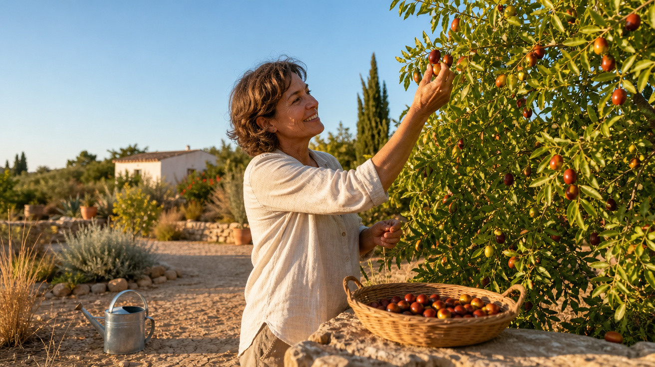 Mulher apanha frutos de jujuba numa árvore, com cesto cheio, num jardim ensolarado ao ar livre.