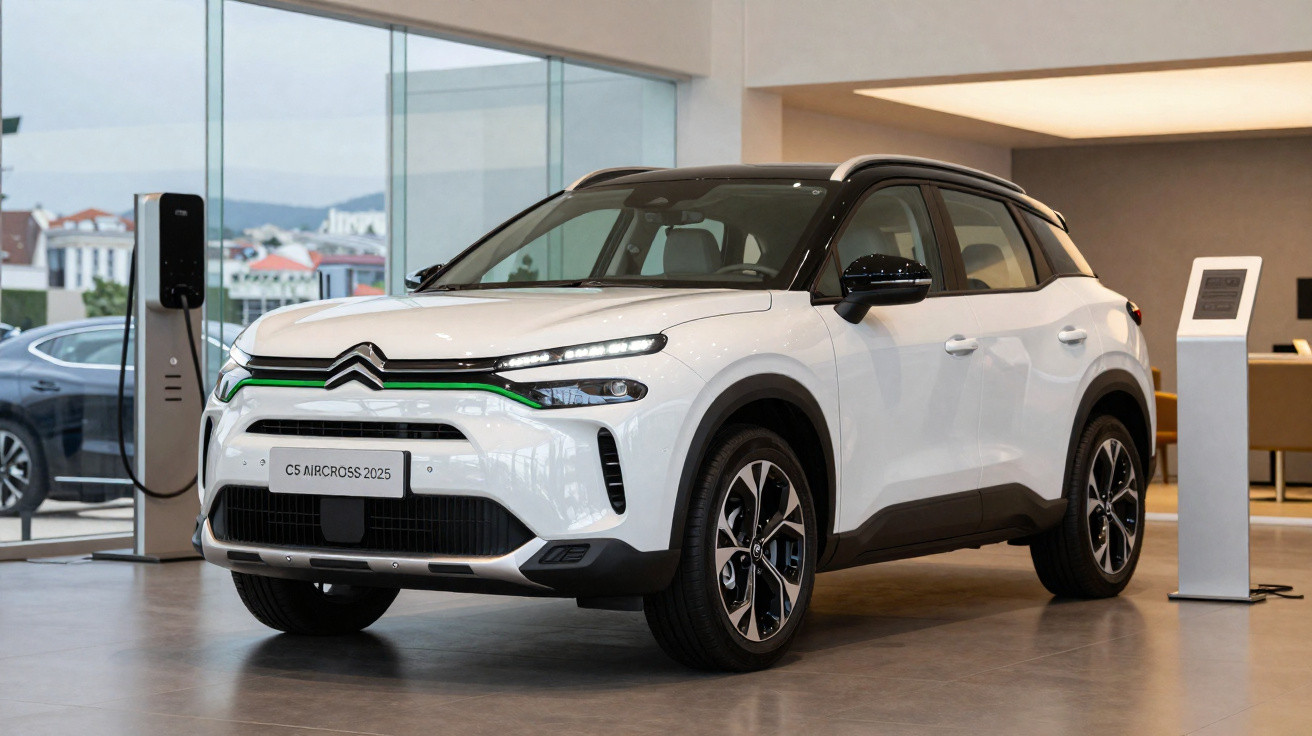 Citroën C5 Aircross 2025 branco, SUV elétrico, estacionado num showroom junto a um posto de carregamento.