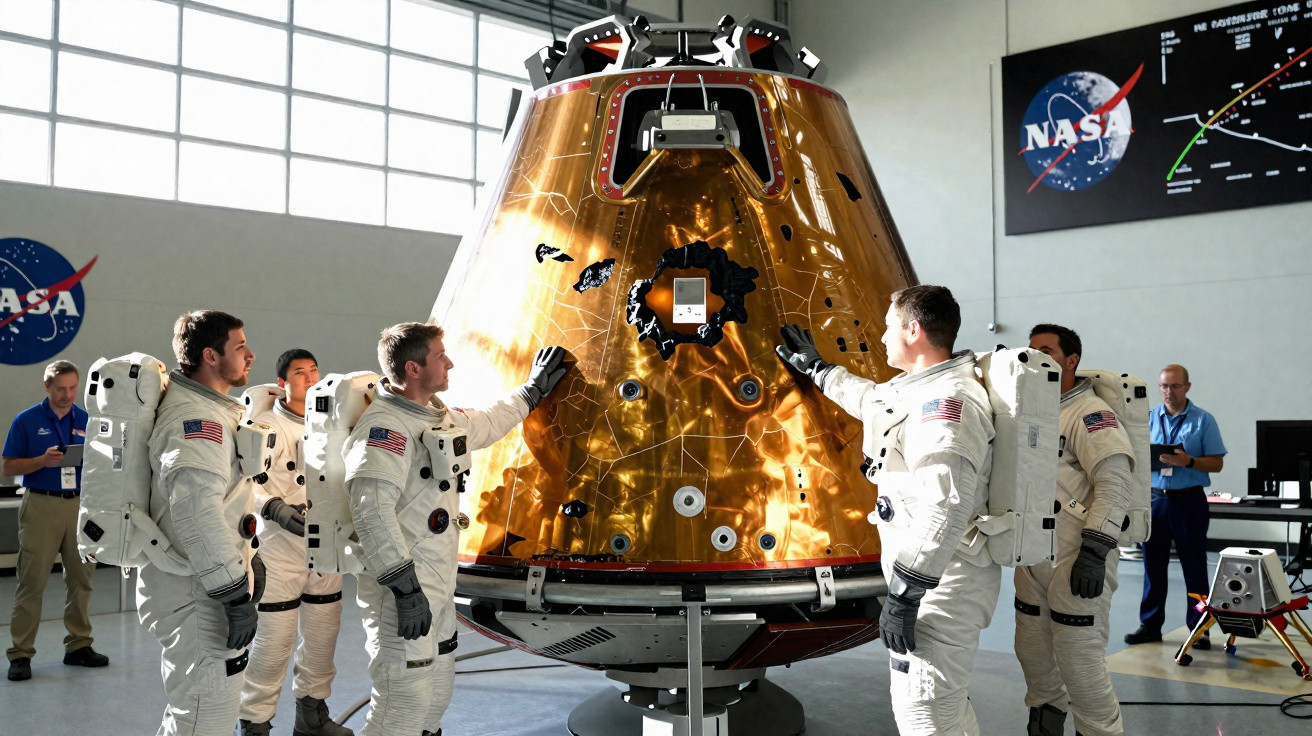 Astronautas em fatos espaciais tocam módulo de nave dourado numa instalação da NASA.
