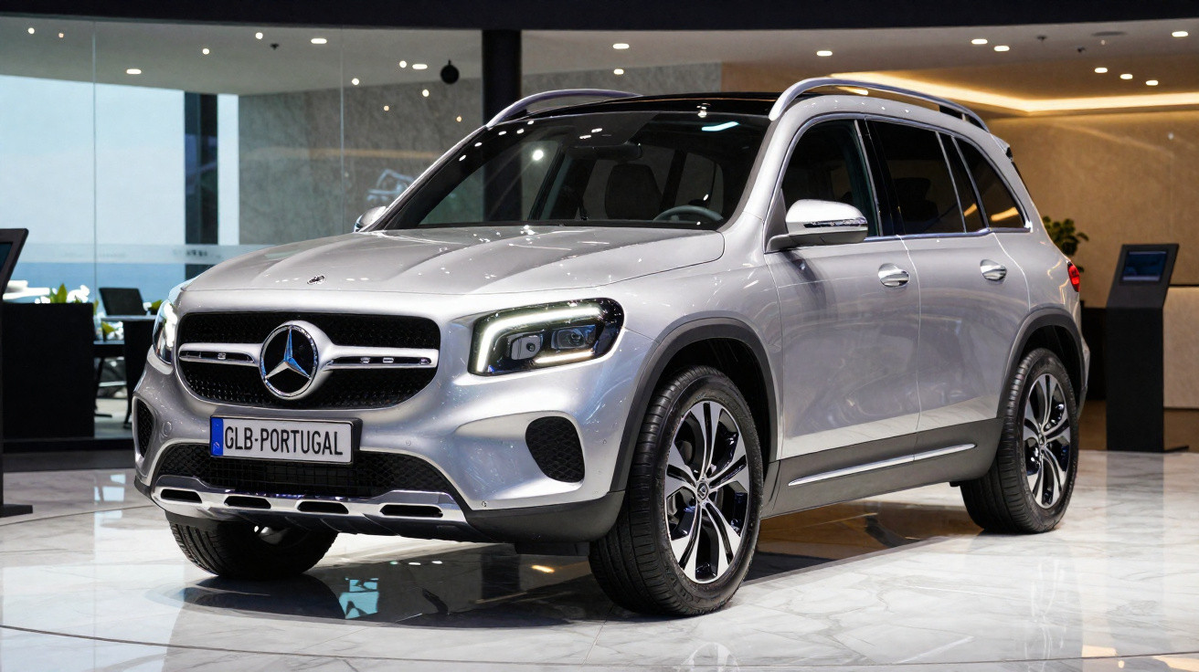 Mercedes-Benz GLB prata numa sala de exposição moderna com chão de mármore e iluminação interior.