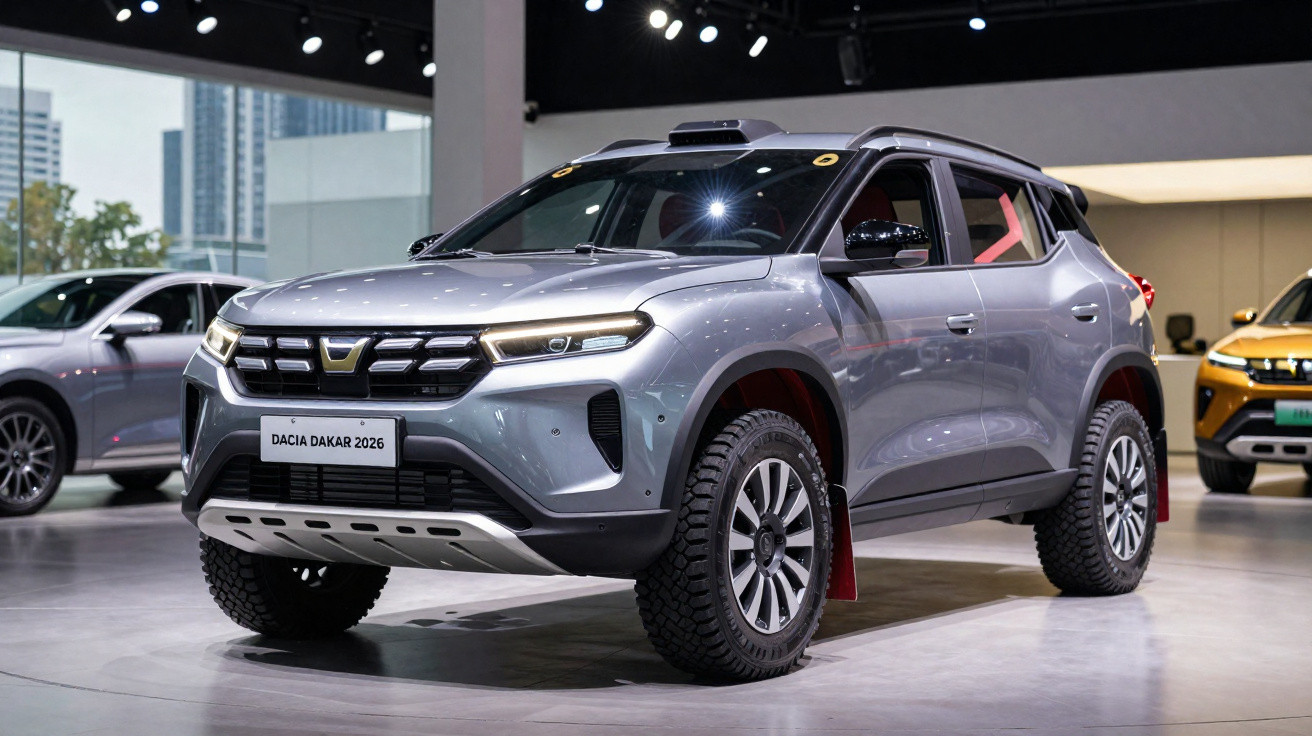 Carro Dacia Dakar 2026 cinzento em exposição interior, com pneus robustos e design moderno SUV.