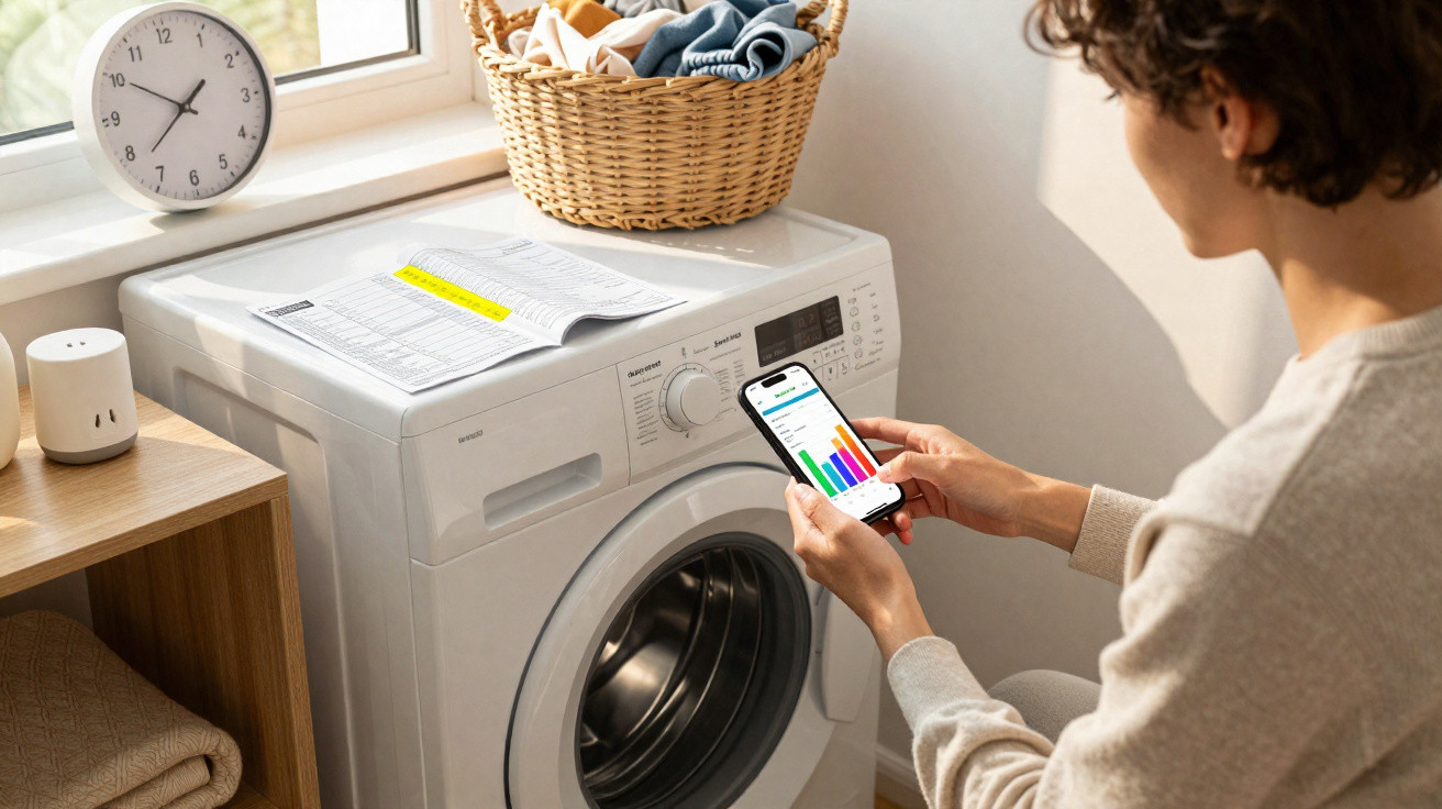 Pessoa a controlar a máquina de lavar roupa com smartphone, cesta de roupa e relógio ao fundo.