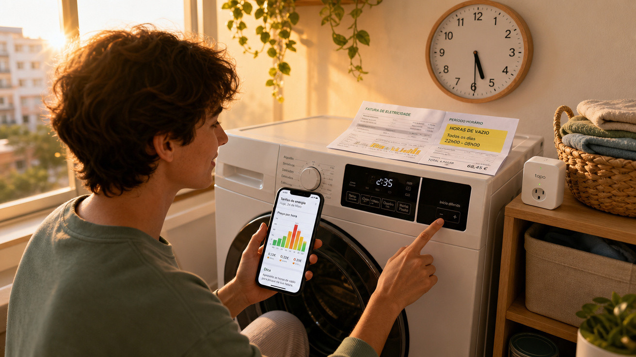 Pessoa controla máquina de lavar ligada a tomada inteligente, com gráfico de consumo elétrico no telemóvel e fatura na máquin