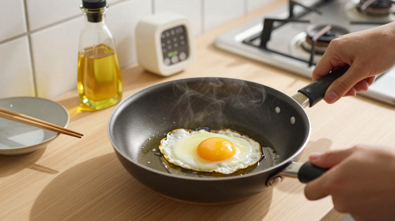 Ovo estrelado a cozinhar numa frigideira preta numa cozinha com óleo e temporizador ao fundo.