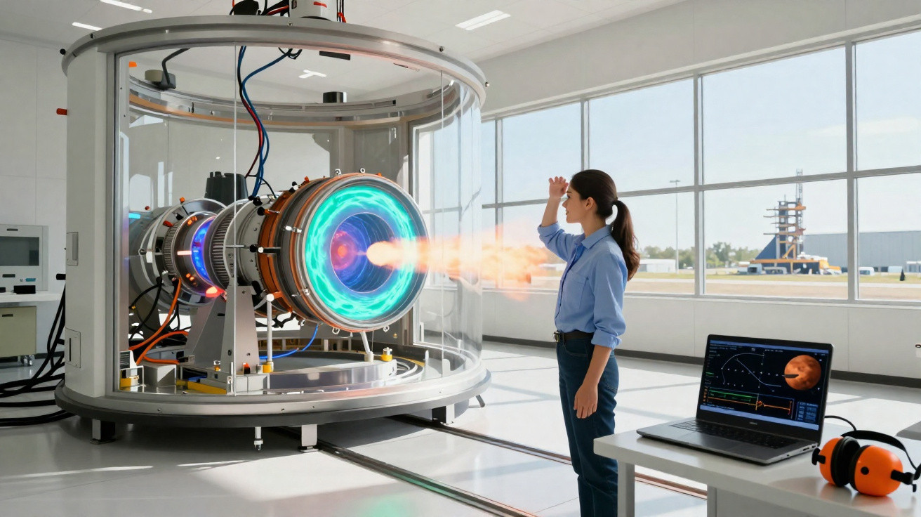 Mulher a observar dispositivo tecnológico futurista a emitir chama laranja numa sala de laboratório iluminada.