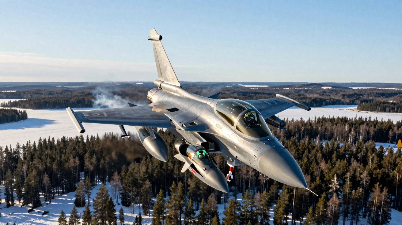 Avião de caça militar a voar sobre floresta e campo cobertos de neve sob céu claro.
