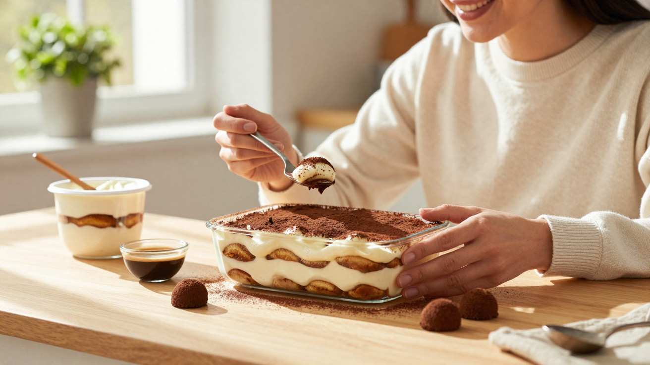 Pessoa a deliciar-se com colher de tiramisu caseiro numa taça de vidro, sobre mesa de madeira.