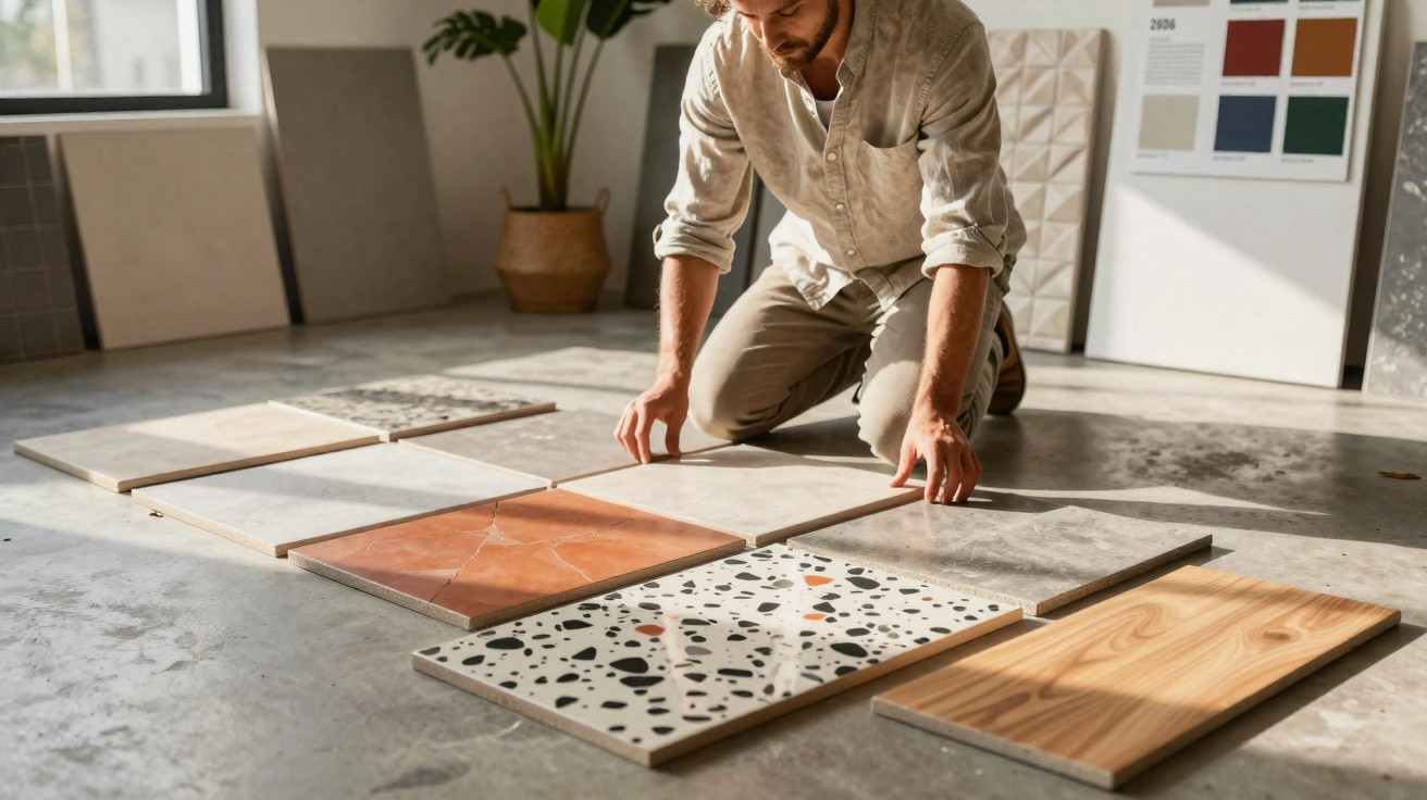 Homem ajoelhado a analisar e organizar amostras de azulejos variados no chão de estúdio iluminado.