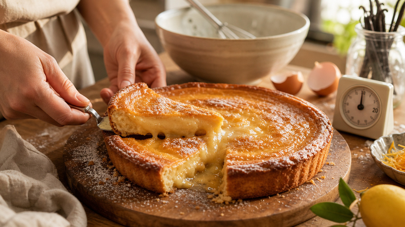Pessoa a servir uma fatia de tarte de limão com recheio cremoso e crosta dourada numa tábua de madeira.