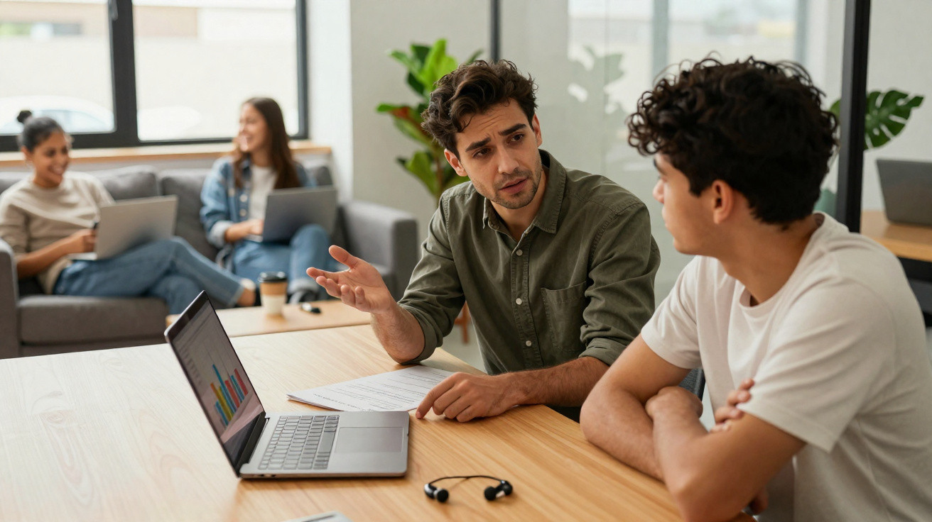 Dois homens conversam numa mesa com notebook e papéis, enquanto duas mulheres usam laptops ao fundo.