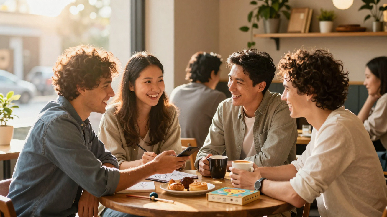 Quatro jovens sentados à mesa de uma cafetaria, conversando e sorrindo com bebidas e bolos à frente.
