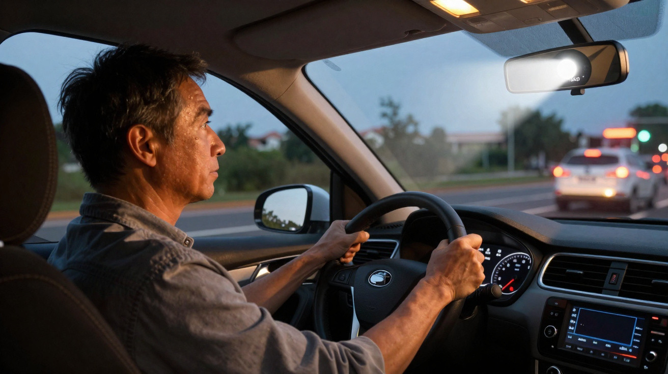 Homem adulto a conduzir carro ao entardecer numa estrada com trânsito moderado.