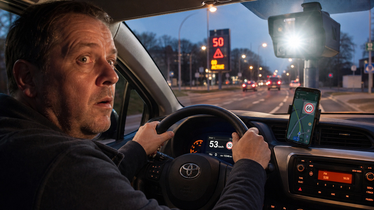 Homem surpreendido a conduzir um carro à noite, com limite de velocidade nos 50 km/h visível no painel e no telemóvel.