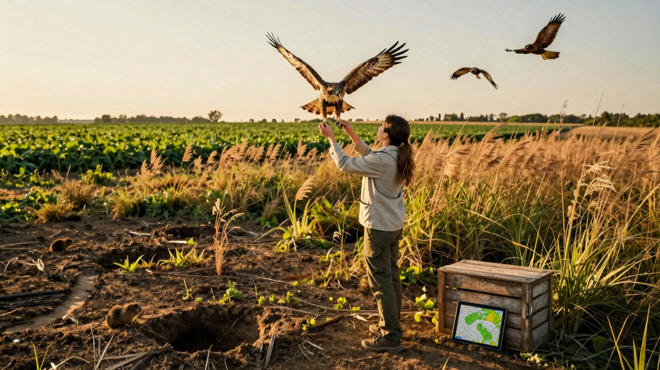 Mulher num campo a libertar aves de rapina ao pôr do sol numa área agrícola com vegetação alta e caixa de transporte.