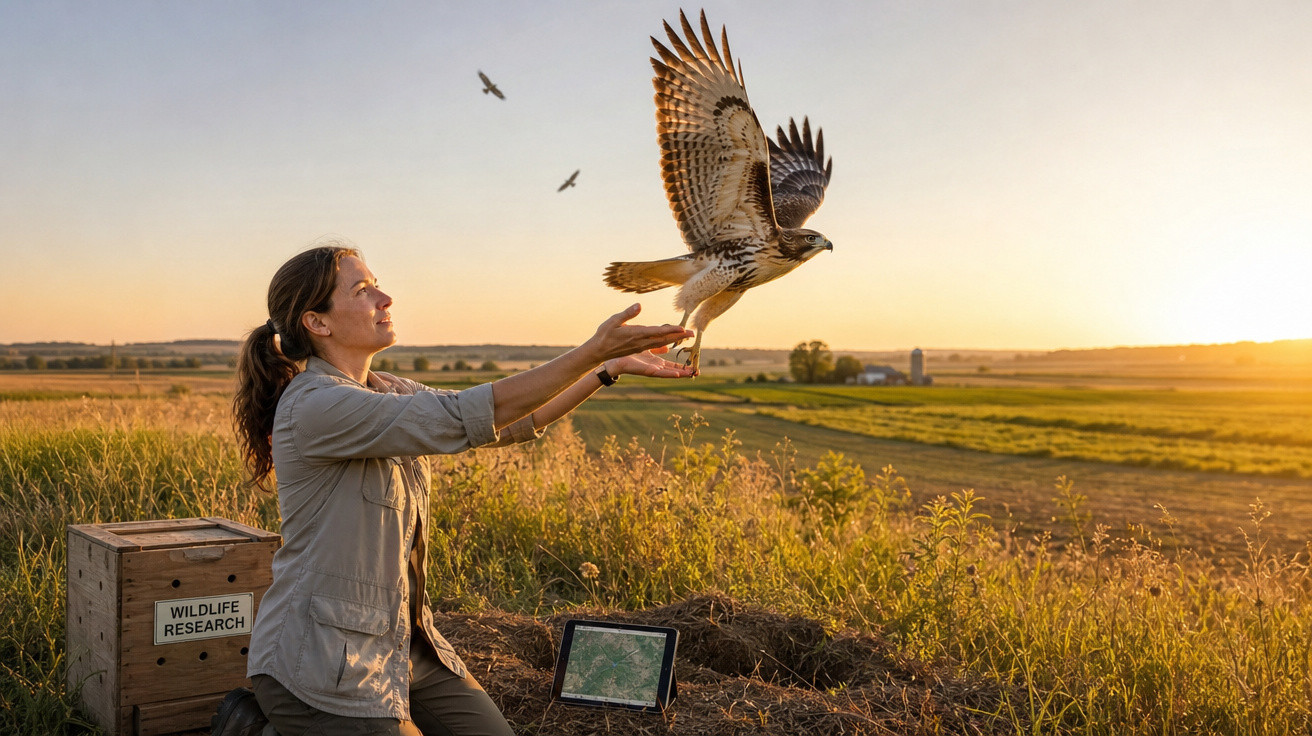 Mulher liberta águia num campo ao pôr do sol com caixa de investigação e tablet no chão.
