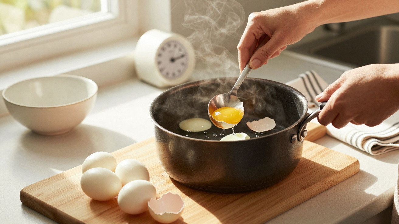 Mãos a cozinhar ovos em frigideira preta num ambiente iluminado pela luz natural junto a uma janela.