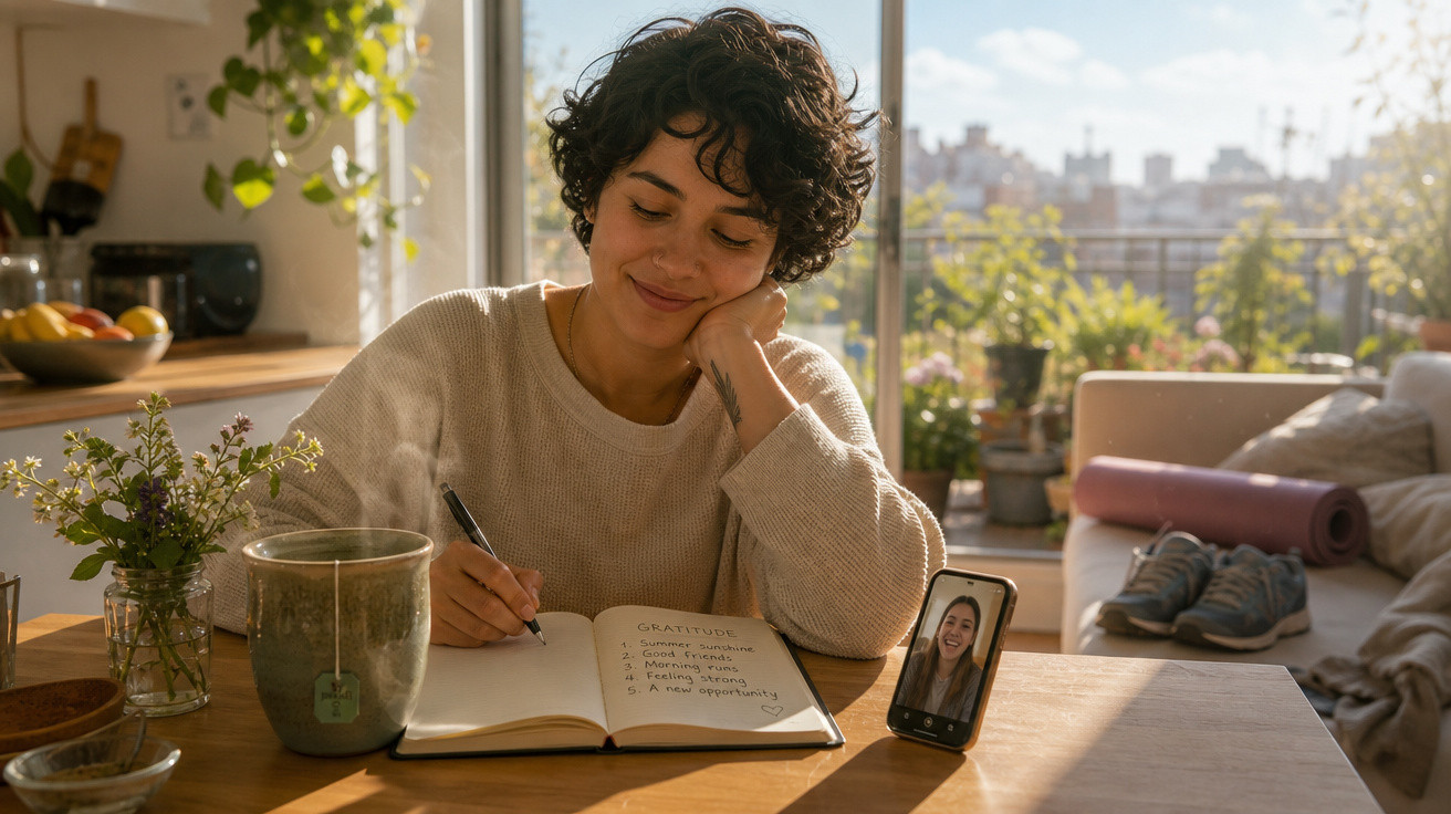 Mulher a escrever num caderno à luz do dia, com chá e chamada de vídeo num telemóvel na mesa.
