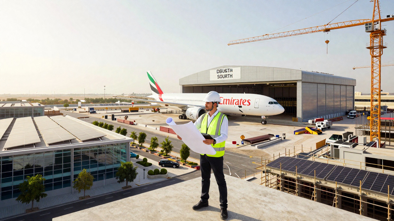 Engenheiro de construção com capacete e colete refletor a analisar planta num aeroporto com avião Emirates.