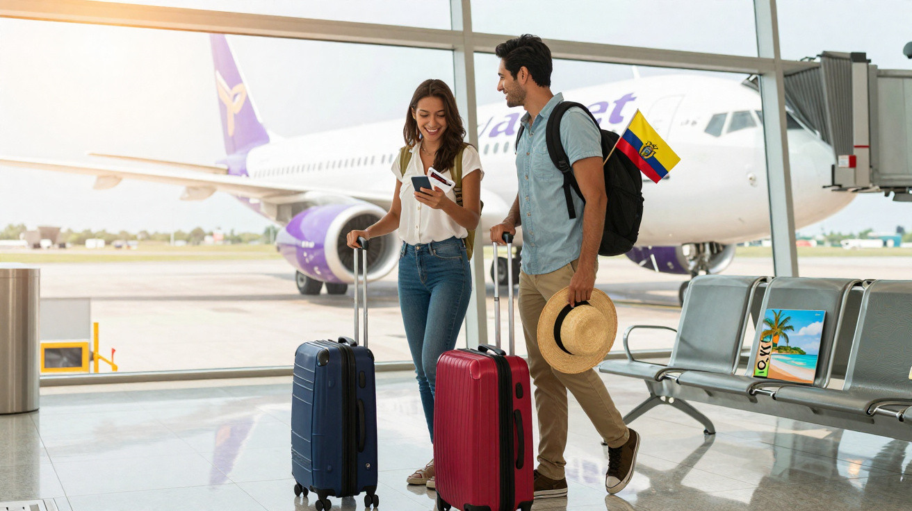 Casal com malas e mochilas no aeroporto, junto a janela com avião estacionado, planeando viagem.