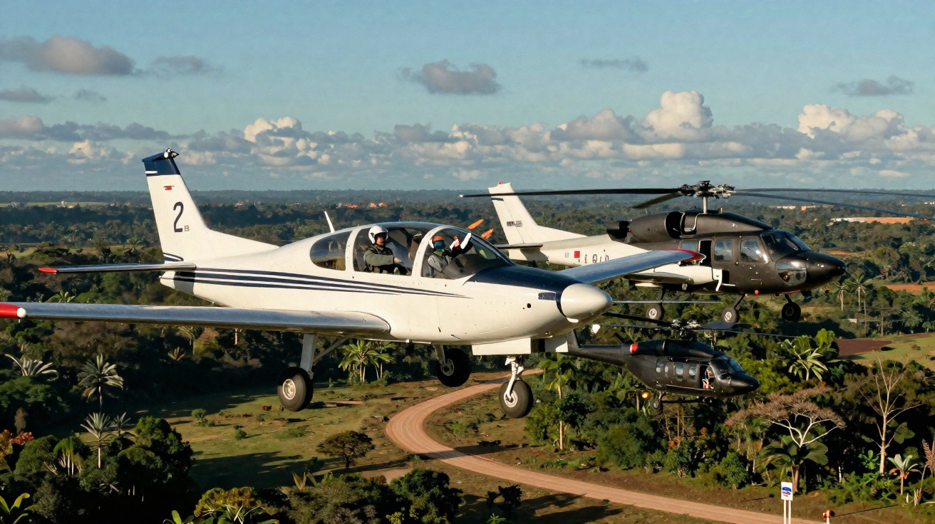 Avião pequeno branco e dois helicópteros voando sobre zona rural com vegetação e estrada de terra.