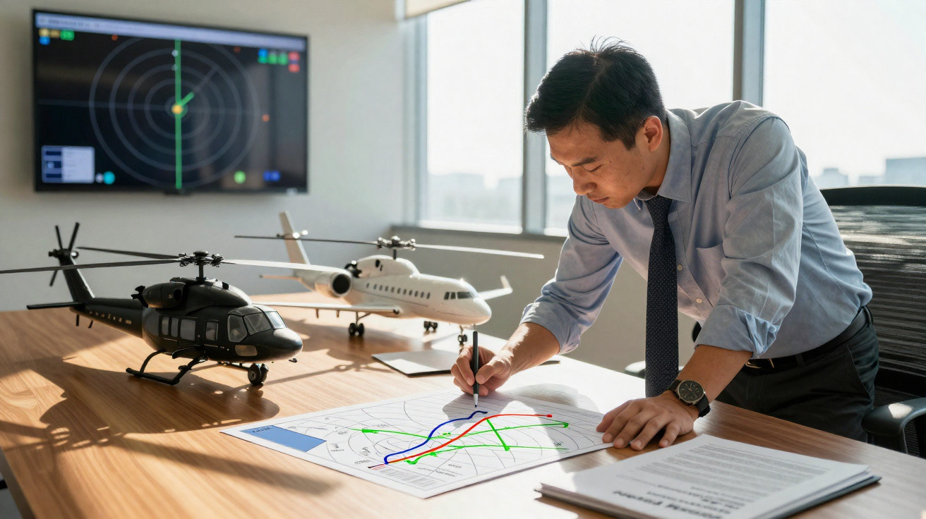 Homem de negócios analisa rotas num mapa de voo, com modelos de helicóptero e avião na mesa e radar ao fundo.