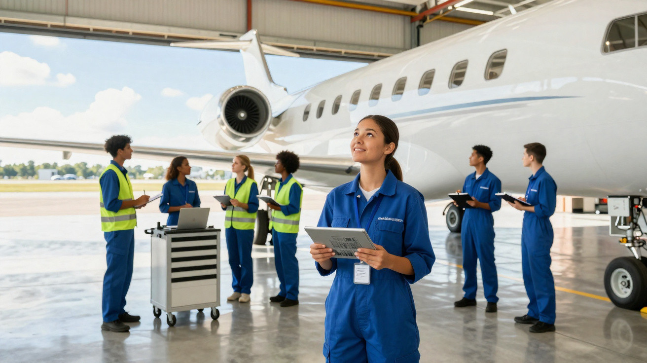 Técnicos de manutenção em macacão azul inspecionam avião privado numa hangar iluminada.