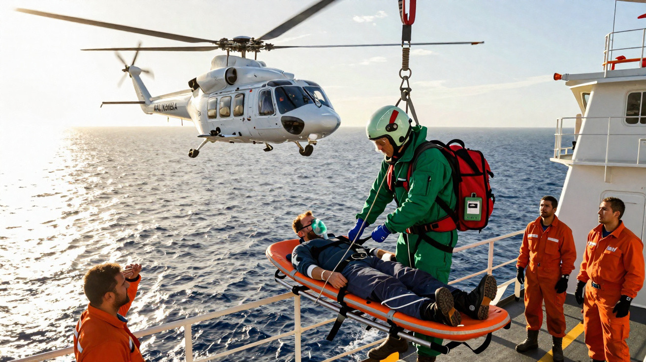 Equipa de resgate realiza salvamento de homem numa maca a bordo de navio com helicóptero no mar.