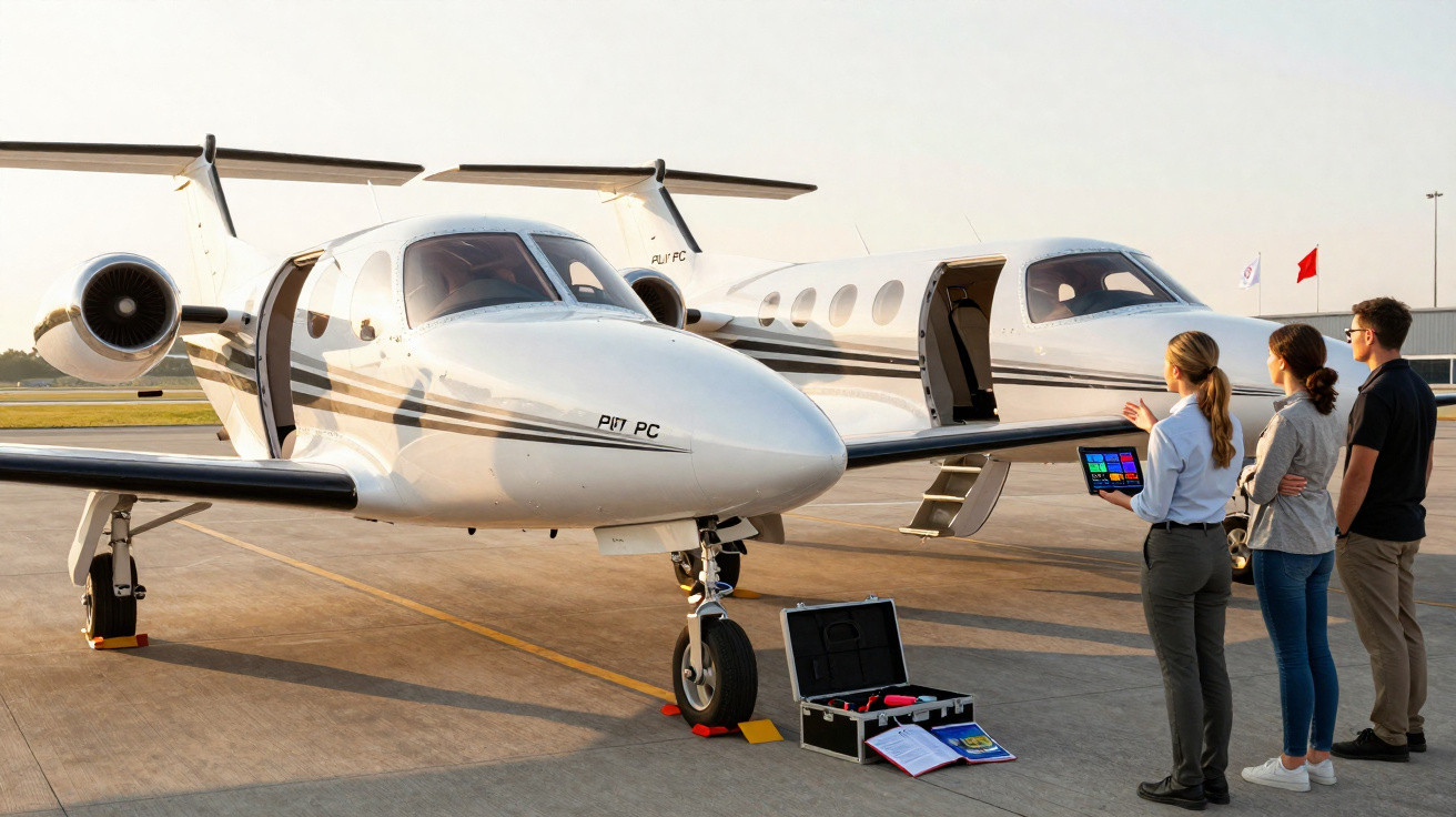 Aviões privados estacionados no aeroporto com três pessoas à frente a observar e equipamento no chão.