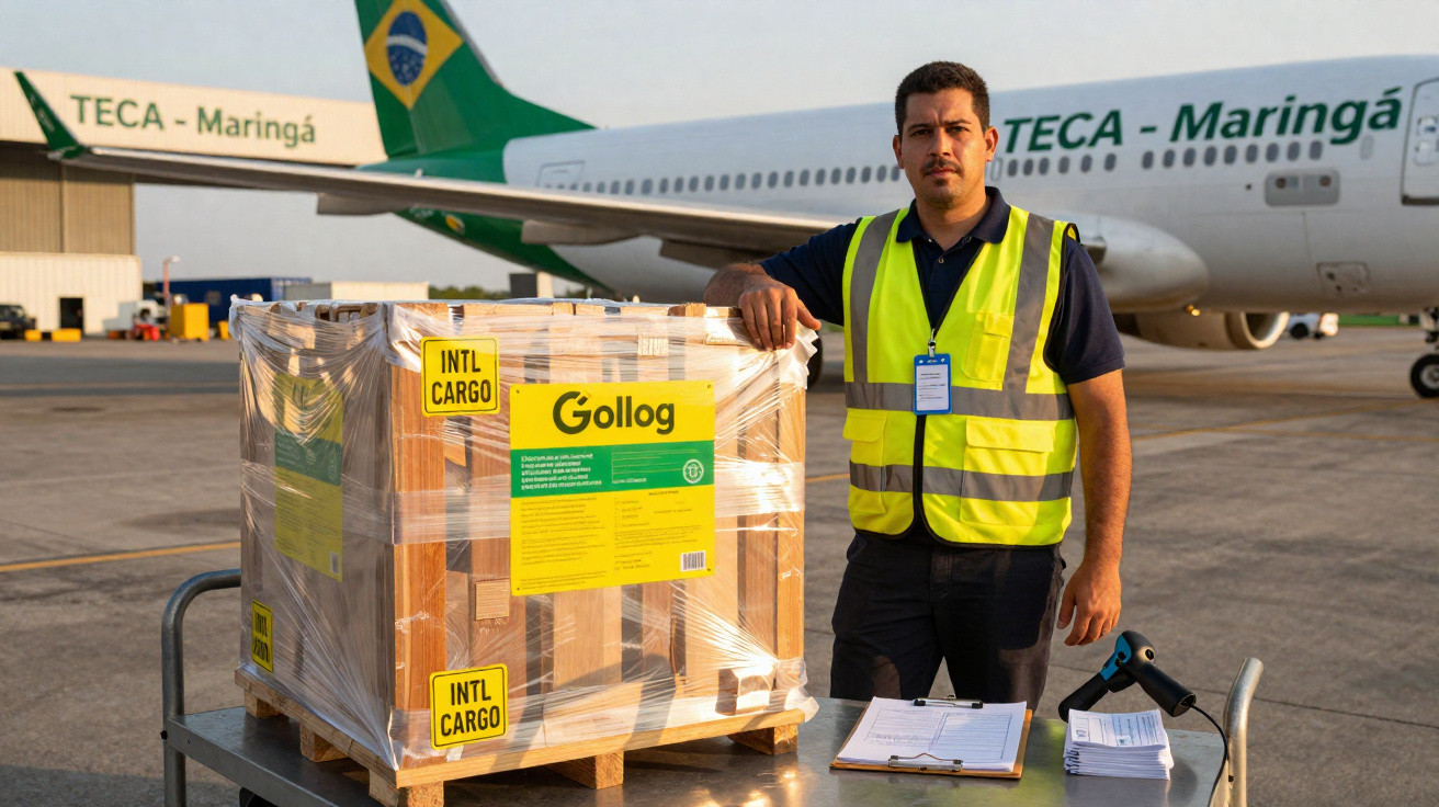 Homem com colete refletor ao lado de palete embalada e avião TECA - Maringá no aeroporto.