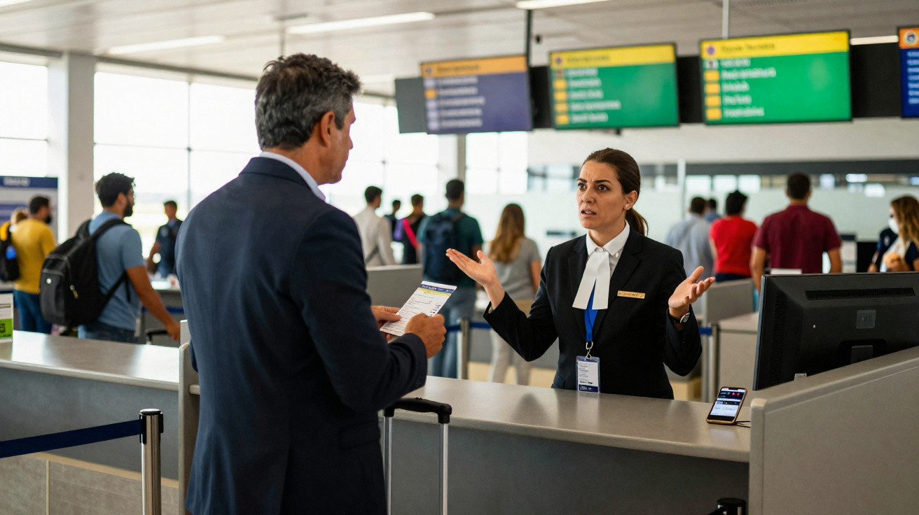 Funcionária de atendimento a passageiros conversa com homem no balcão do aeroporto com ecrãs de voos ao fundo.