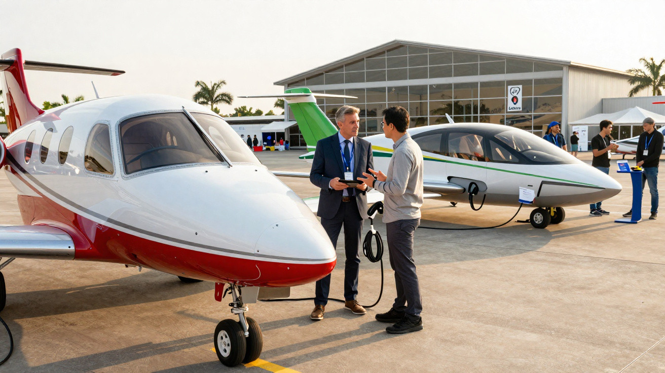 Dois homens conversam num aeroporto junto a aviões elétricos em exposição, com vários visitantes ao fundo.