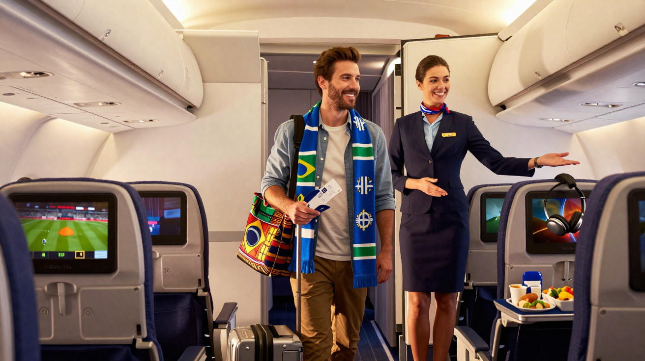 Comissária de bordo a cumprimentar passageiro enquanto ele entra na cabine de uma aeronave.