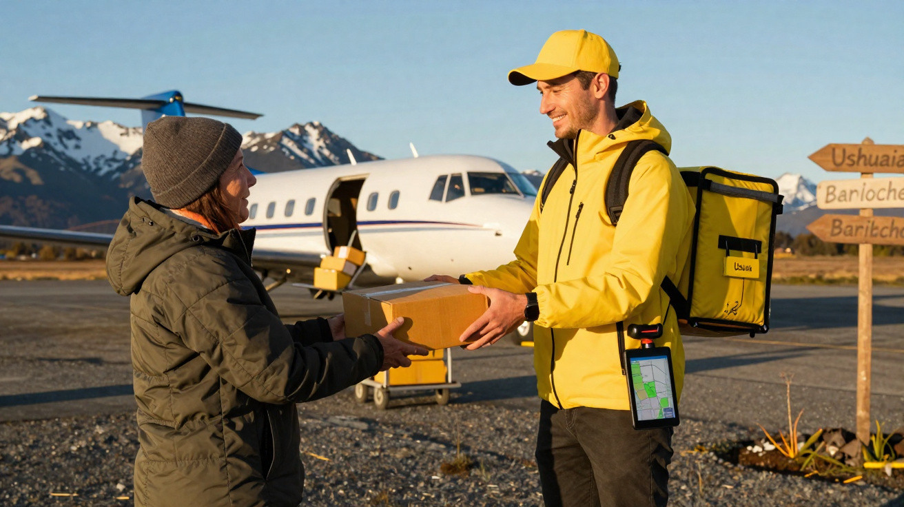 Entregador com mochila amarela a entregar uma encomenda a um homem junto a um avião em ambiente montanhoso.