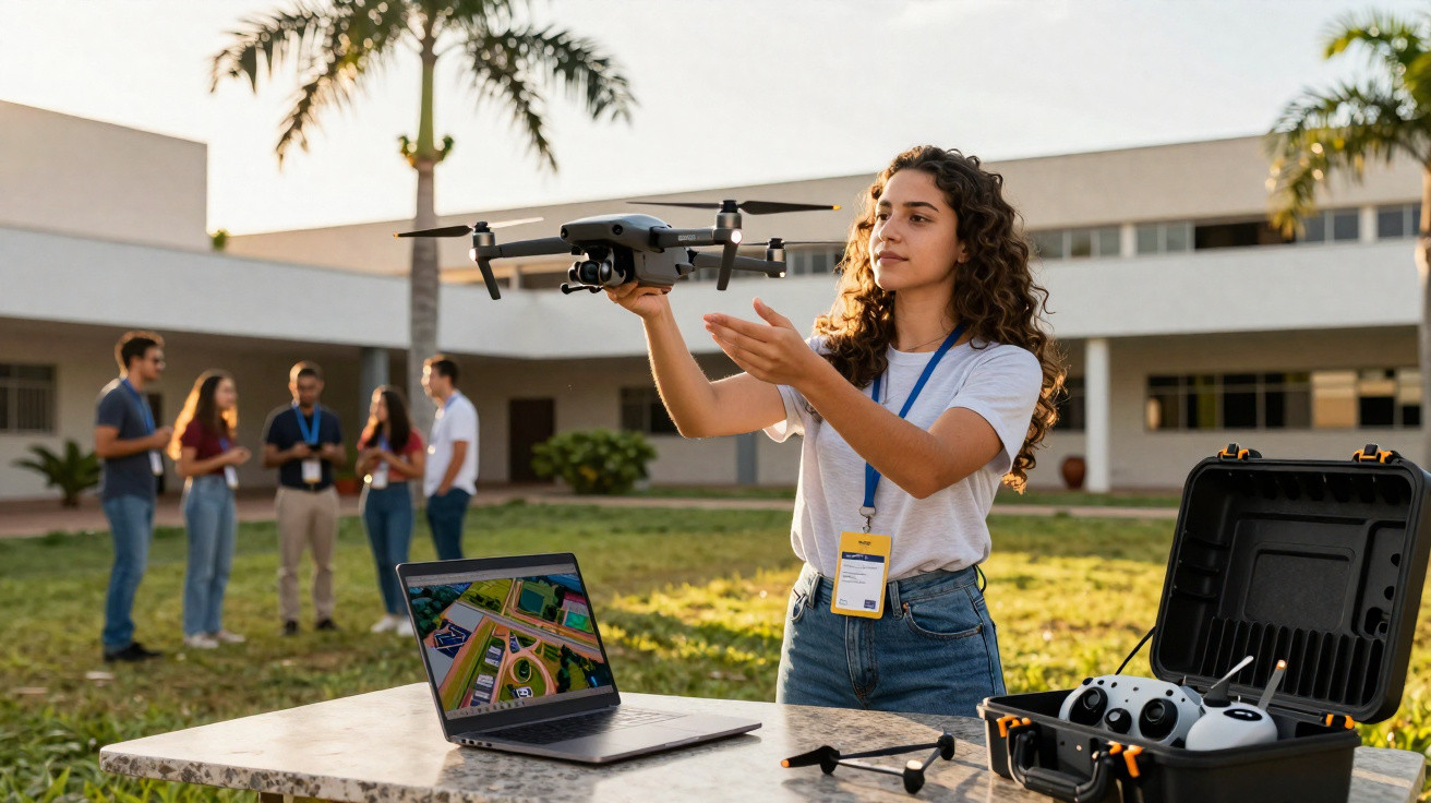 Mulher prepara drone para voo ao ar livre com grupo e laptop ao fundo num edifício moderno.