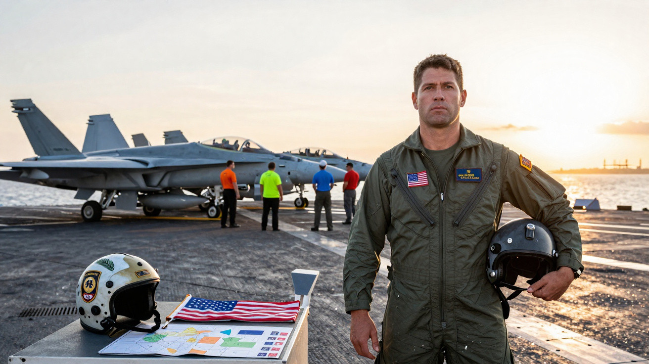Piloto militar em fato de voo com capacete na mão no convés de uma porta-aviões ao pôr do sol, com aviões e tripulação ao fun