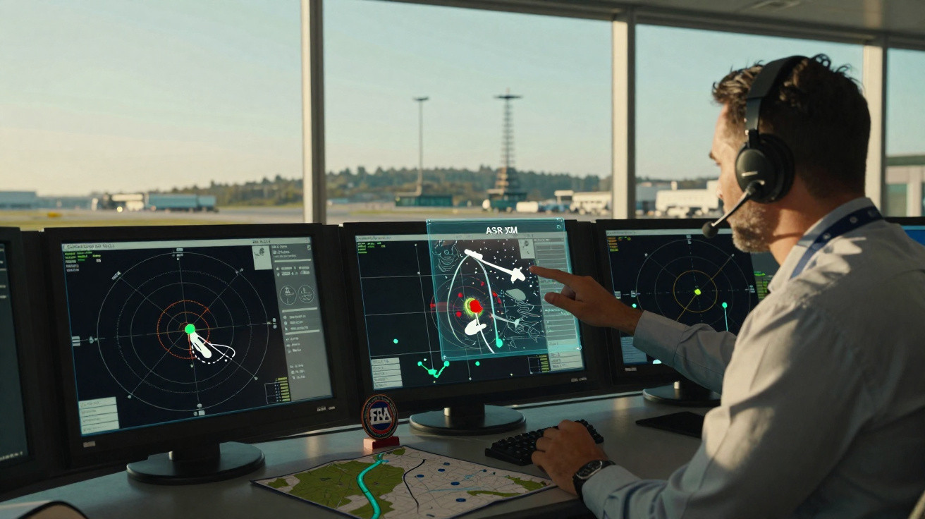 Controlador aéreo com auscultadores aponta para o ecrã de radar num controlo de tráfego aéreo.