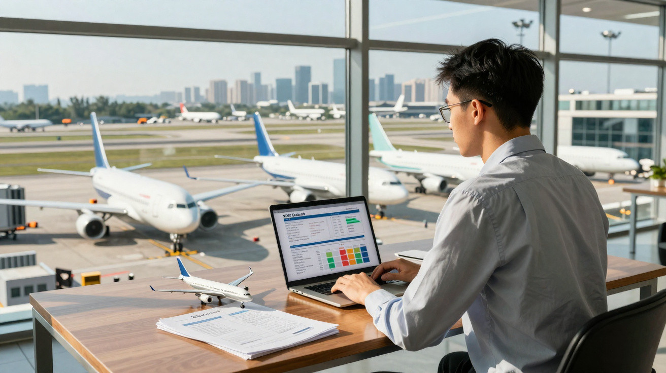 Homem a trabalhar num portátil com vista para várias aeronaves num aeroporto através da janela.
