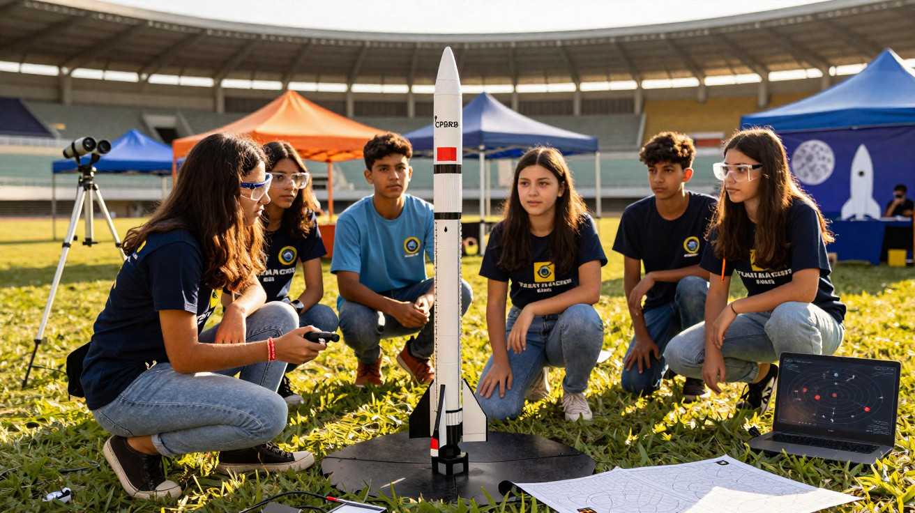 Grupo de jovens em atividade científica ao ar livre com modelo de foguetão e equipamento astronómico.