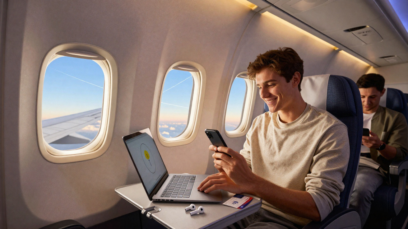 Homem sorridente usa telemóvel e computador portátil num avião, com auriculares sem fios e cartão de embarque na mesa.