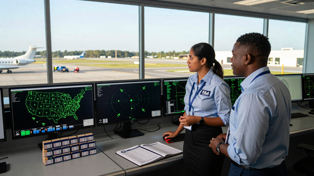 Dois controladores de tráfego aéreo a monitorizar e coordenar voos numa torre com vista para a pista do aeroporto.