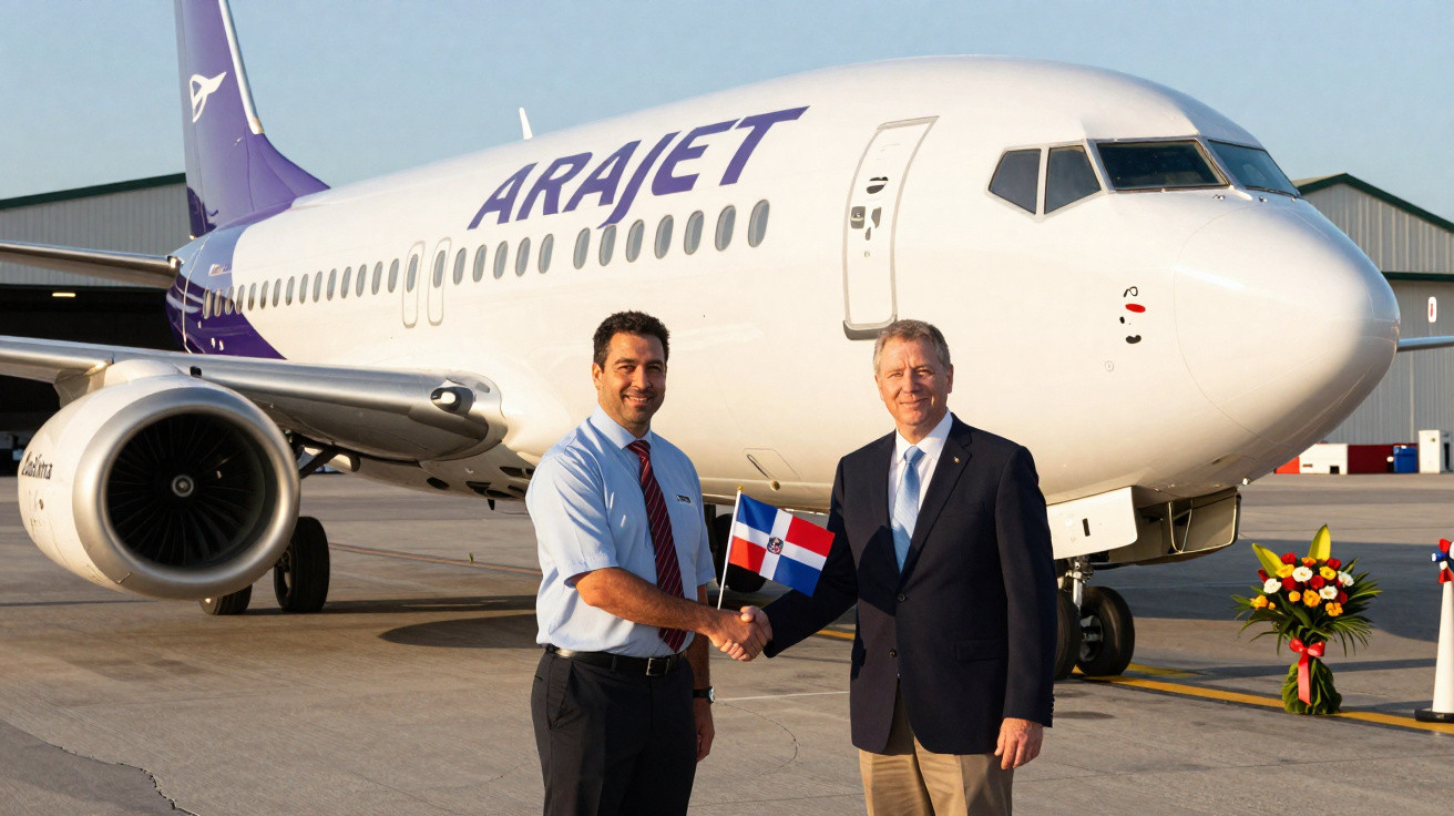 Dois homens apertam as mãos em frente a um avião da Arajet numa pista de aeroporto, segurando bandeira da República Dominican