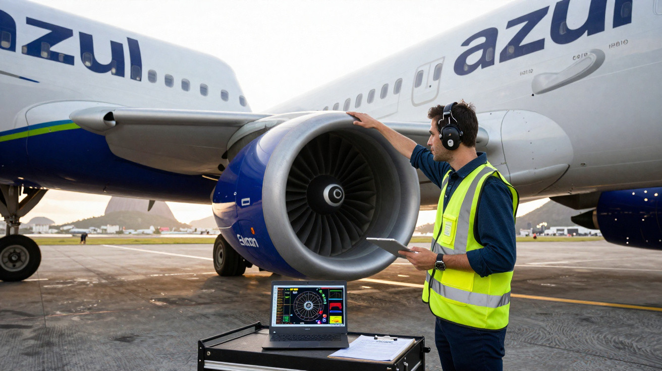 Técnico com colete amarelo verifica motor de avião da companhia Azul numa pista de aeroporto ao amanhecer.