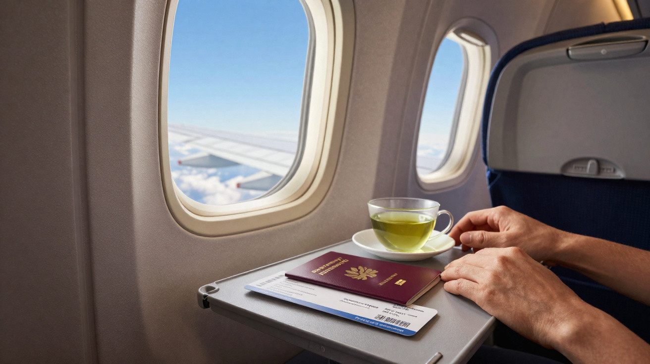 Pessoa com chá verde ao lado de passaporte e cartão de embarque numa mesa de avião junto à janela.
