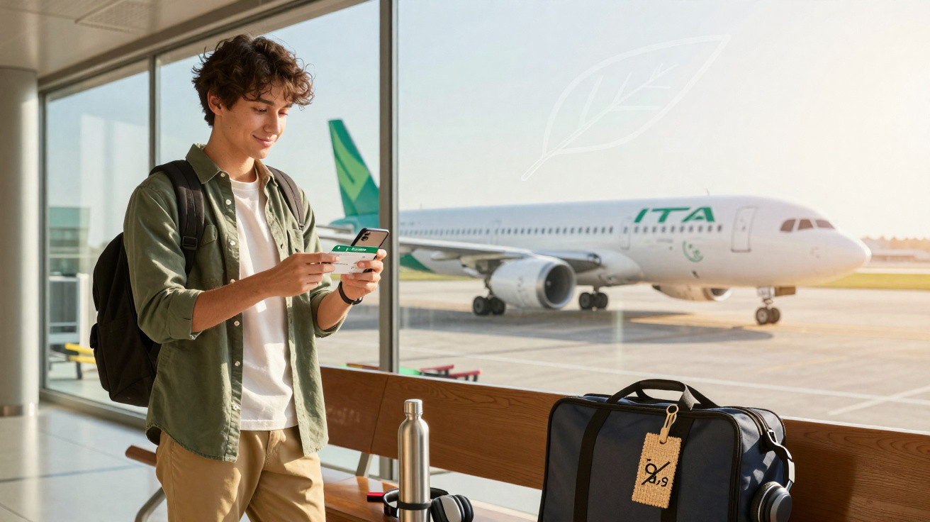 Jovem com mochila e bilhete na mão, esperando no aeroporto junto a uma mesa com mala e garrafa metálica.